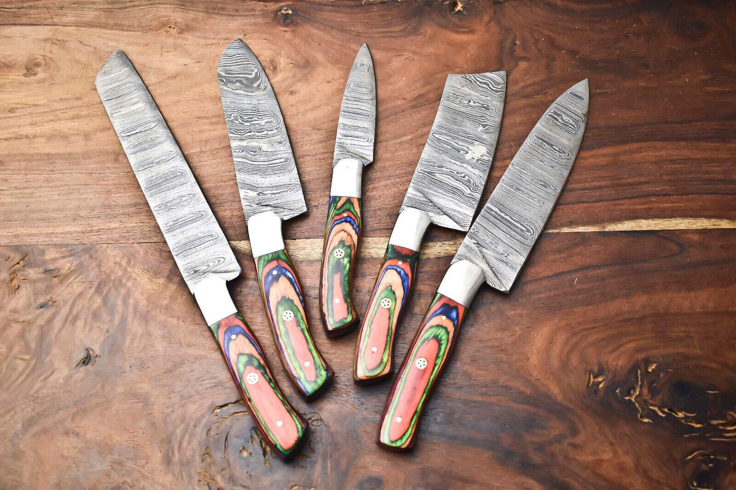 Custom Lot Of 5 Handmade Hammered Damascus Steel Chef Knife Set  Professional Handmade Knives 3
