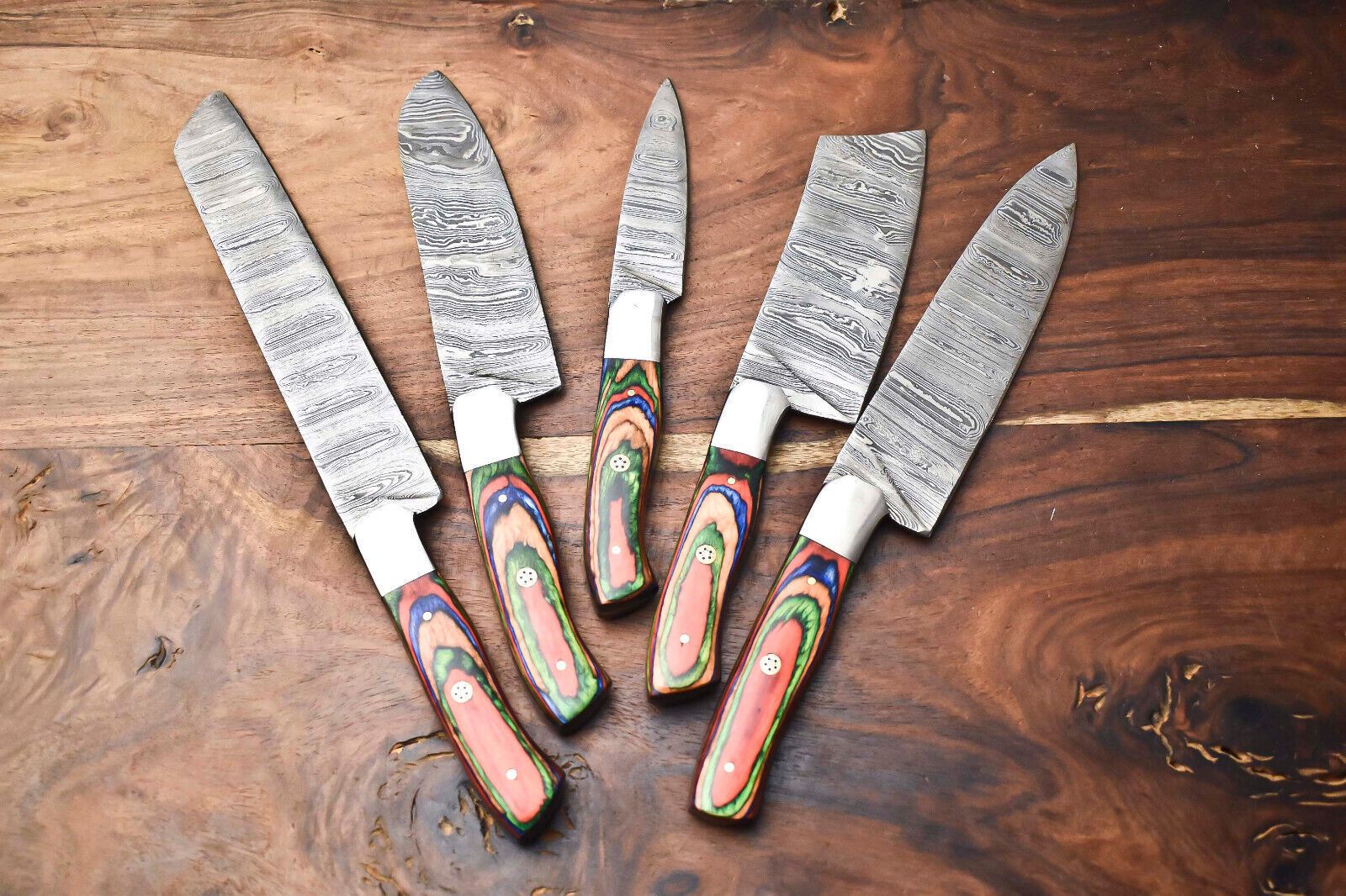 Custom Lot Of 5 Handmade Hammered Damascus Steel Chef Knife Set  Professional Handmade Knives 3