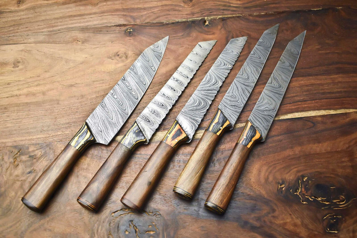 Luxury Handmade Damascus Steel Chef Knife Set – Custom 5-Piece Kitchen Blades