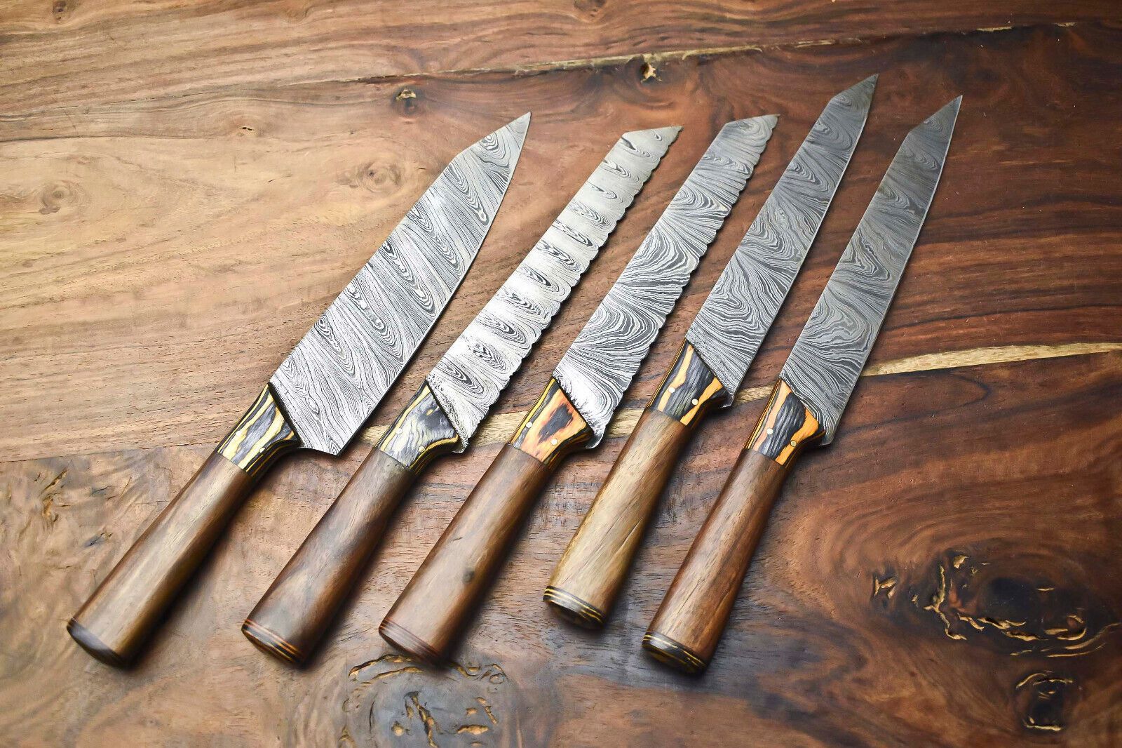 Luxury Handmade Damascus Steel Chef Knife Set – Custom 5-Piece Kitchen Blades