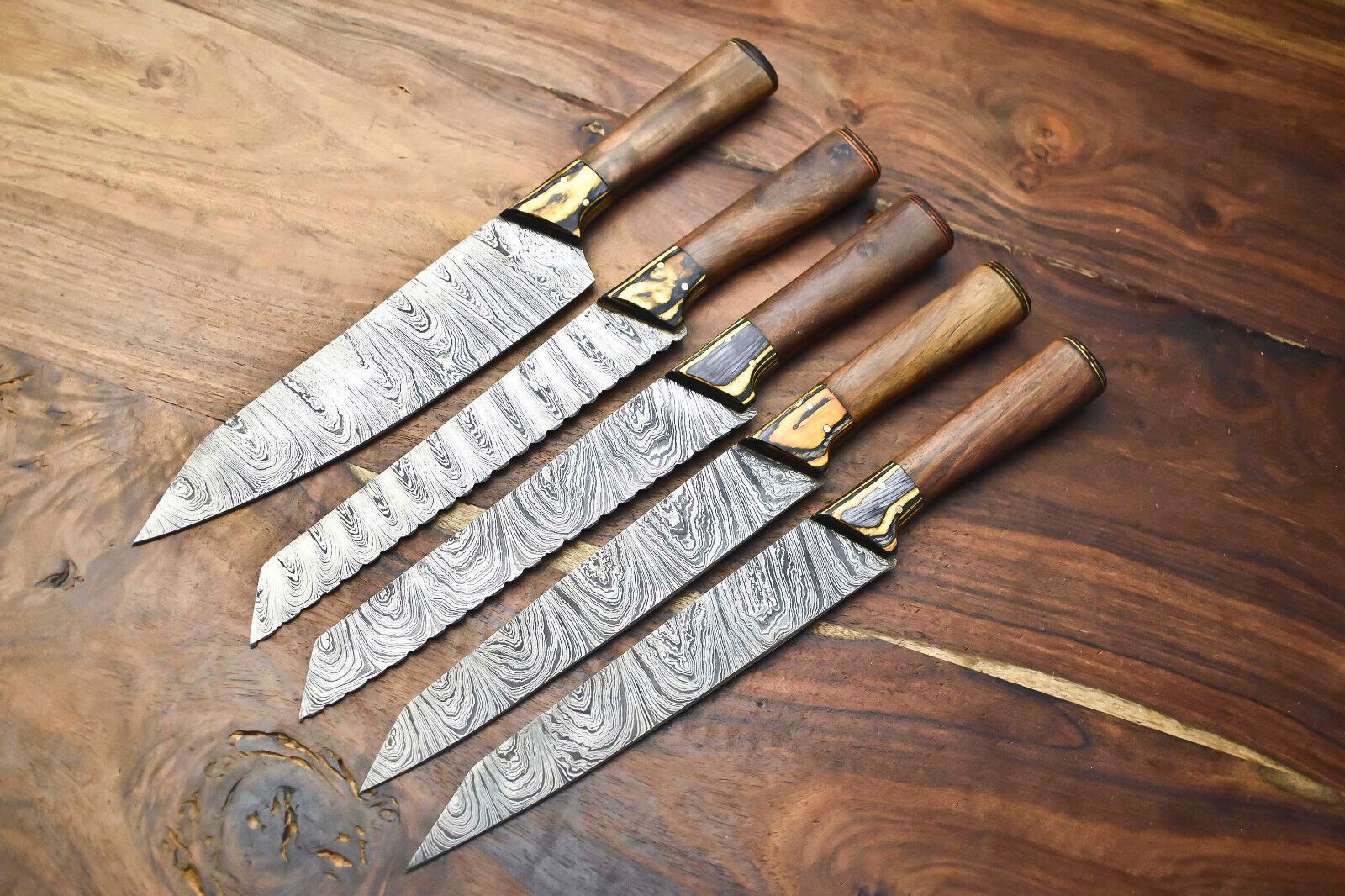 Luxury Handmade Damascus Steel Chef Knife Set  Custom 5Piece Kitchen Blades 3