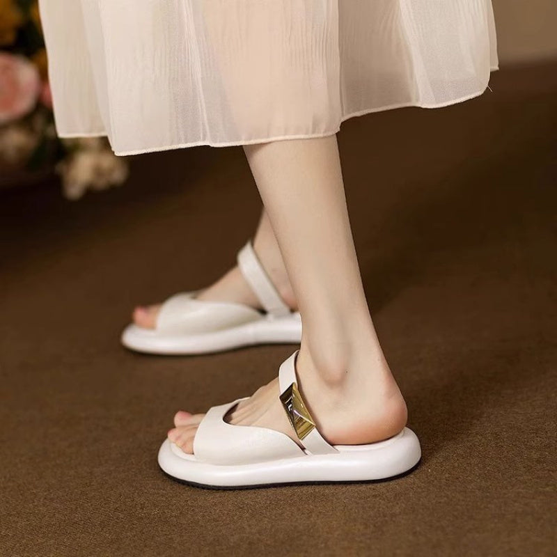 Womens Minimalist White Slide Sandals, Gold-Tone Buckle Slippers with Cloud Comfort Sole, Flat Casual Shoes