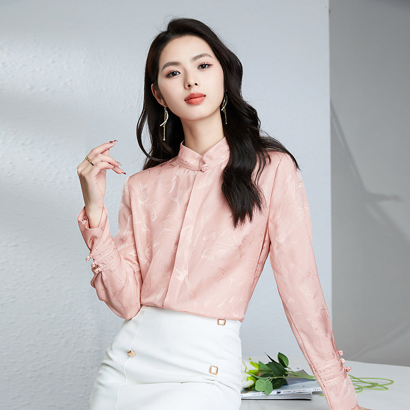 Elegant Designer Blouse, 100% Natural Silk Women's Shirt, Stand Collar Long Sleeves, Jacquard Woven Tops