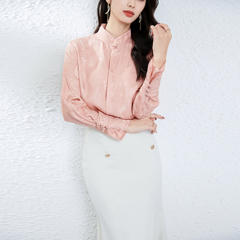 Elegant Designer Blouse, 100% Natural Silk Women's Shirt, Stand Collar Long Sleeves, Jacquard Woven Tops