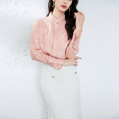 Elegant Designer Blouse, 100% Natural Silk Women's Shirt, Stand Collar Long Sleeves, Jacquard Woven Tops