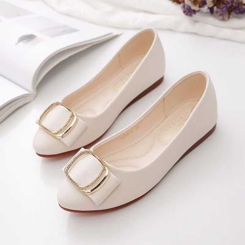 Genuine Leather Minimalist Square-Buckle Chain Flats, Slip-Resistant Cushioned Mom Loafers for Work & Casual Wear