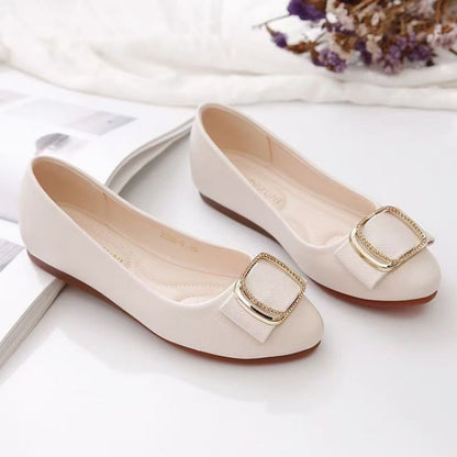 Genuine Leather Minimalist Square-Buckle Chain Flats, Slip-Resistant Cushioned Mom Loafers for Work & Casual Wear