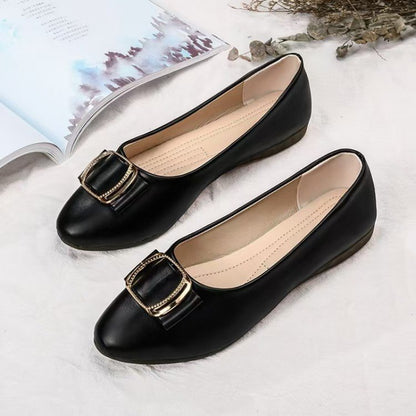 Genuine Leather Minimalist Square-Buckle Chain Flats, Slip-Resistant Cushioned Mom Loafers for Work & Casual Wear