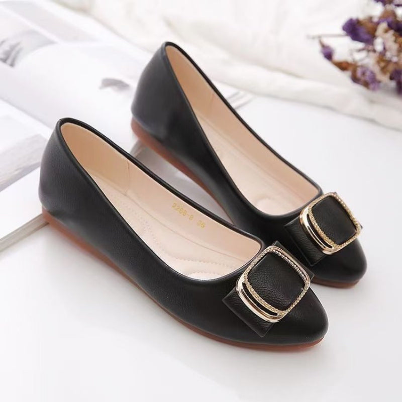 Genuine Leather Minimalist Square-Buckle Chain Flats, Slip-Resistant Cushioned Mom Loafers for Work & Casual Wear