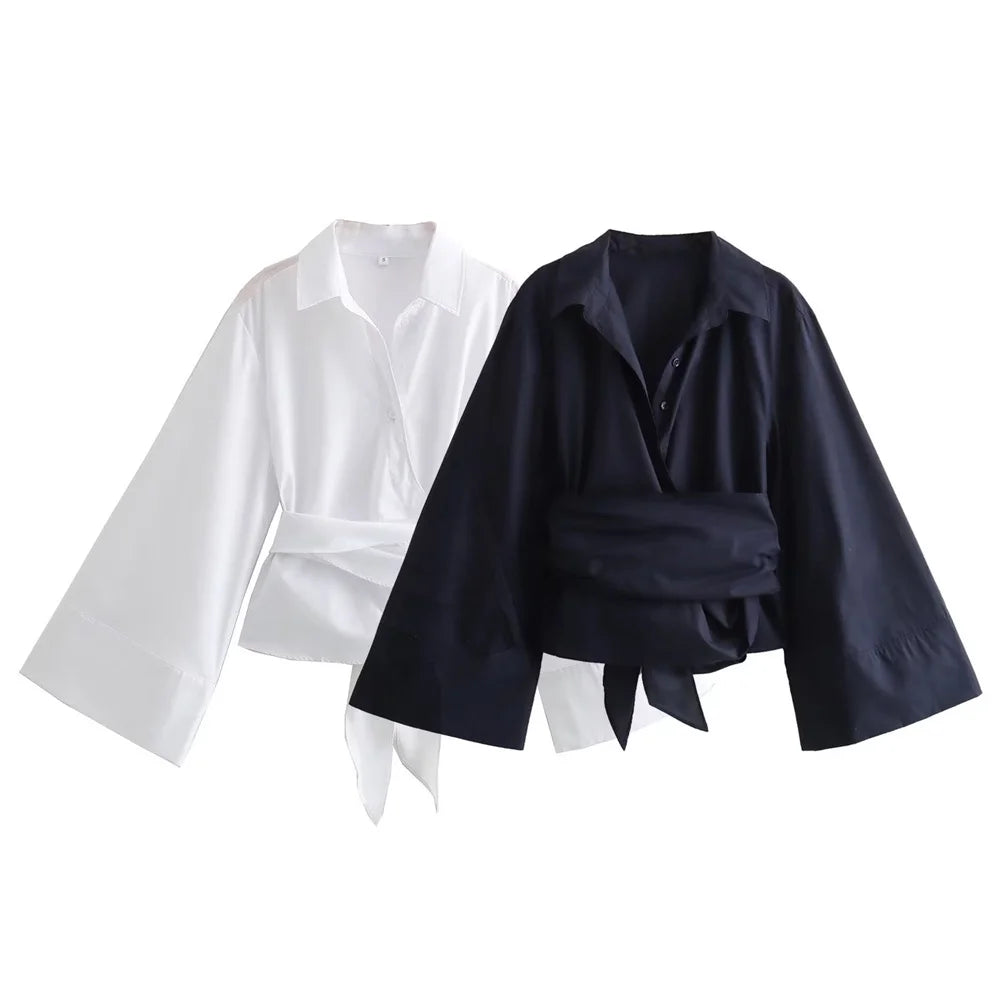 New Women's Fashion Poplin Shirt, Short Sleeve Polo Neck Top, Casual Double Breasted Style with Bow Tie