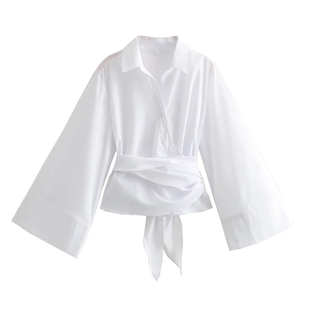 New Women's Fashion Poplin Shirt, Short Sleeve Polo Neck Top, Casual Double Breasted Style with Bow Tie