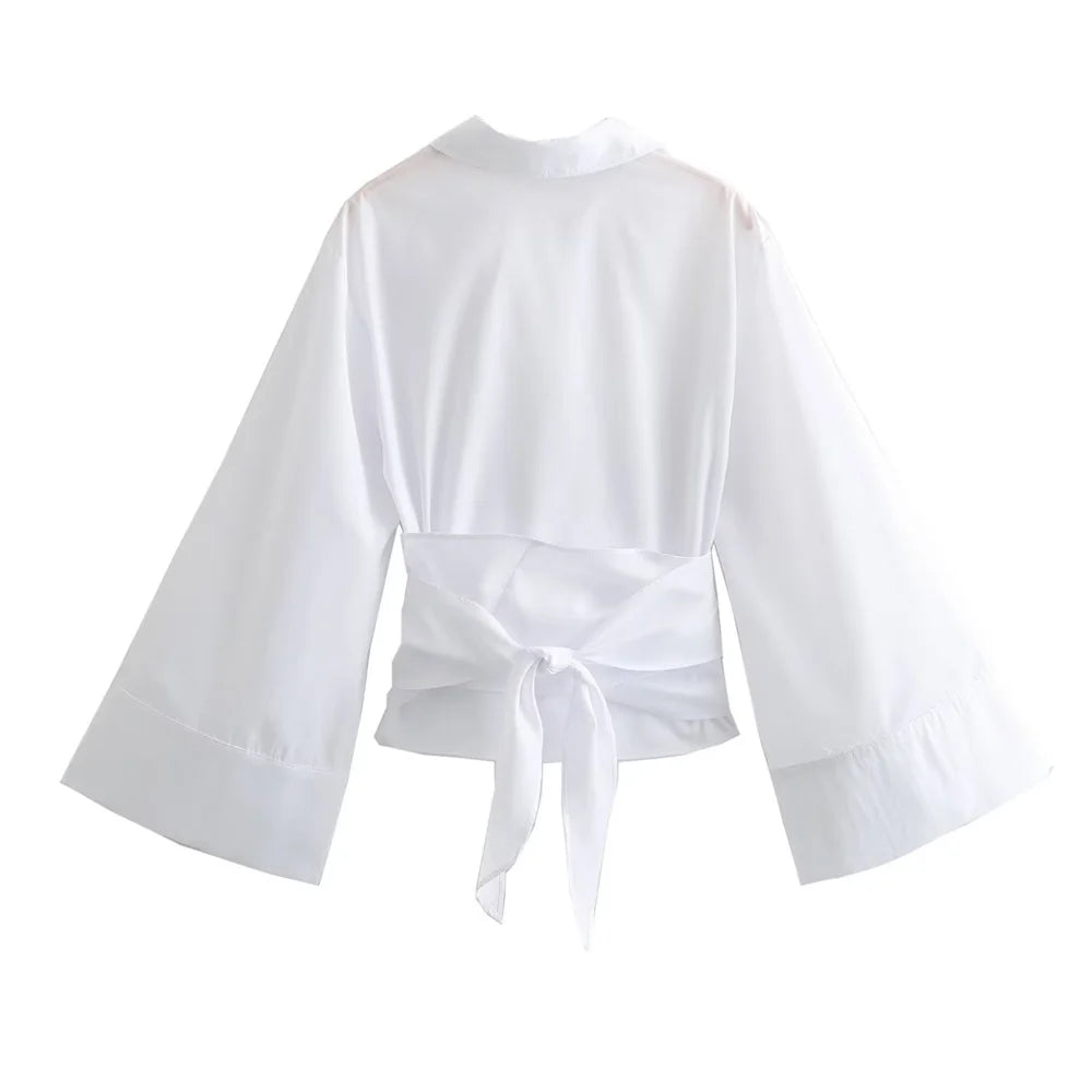 New Women's Fashion Poplin Shirt, Short Sleeve Polo Neck Top, Casual Double Breasted Style with Bow Tie
