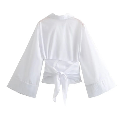 New Women's Fashion Poplin Shirt, Short Sleeve Polo Neck Top, Casual Double Breasted Style with Bow Tie