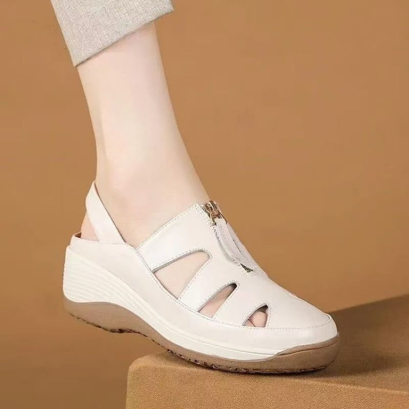 Womens Peep-Toe Wedge Sandals, New Genuine Leather Mom Shoes, Soft Sole, Hollow-Out, Breathable, Slip-Resistant Casual