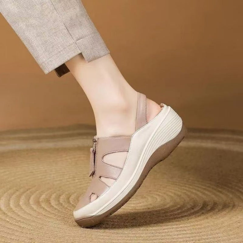 Womens Peep-Toe Wedge Sandals, New Genuine Leather Mom Shoes, Soft Sole, Hollow-Out, Breathable, Slip-Resistant Casual