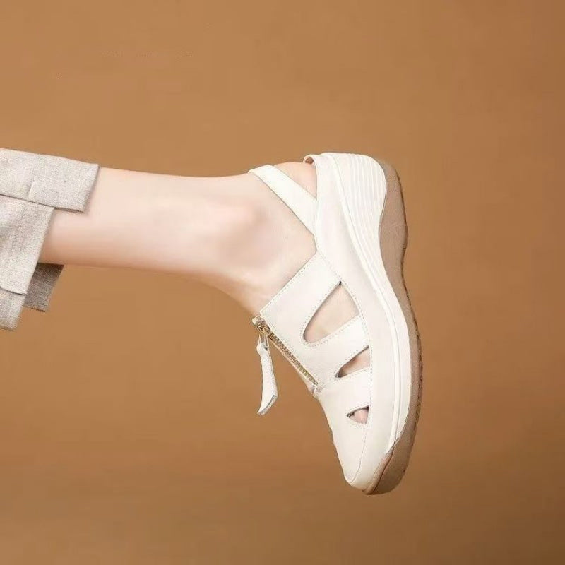 Womens Peep-Toe Wedge Sandals, New Genuine Leather Mom Shoes, Soft Sole, Hollow-Out, Breathable, Slip-Resistant Casual