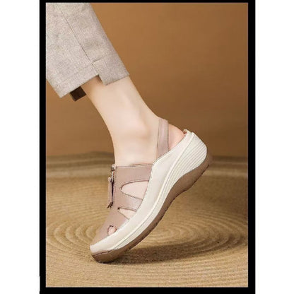 Womens Peep-Toe Wedge Sandals, New Genuine Leather Mom Shoes, Soft Sole, Hollow-Out, Breathable, Slip-Resistant Casual