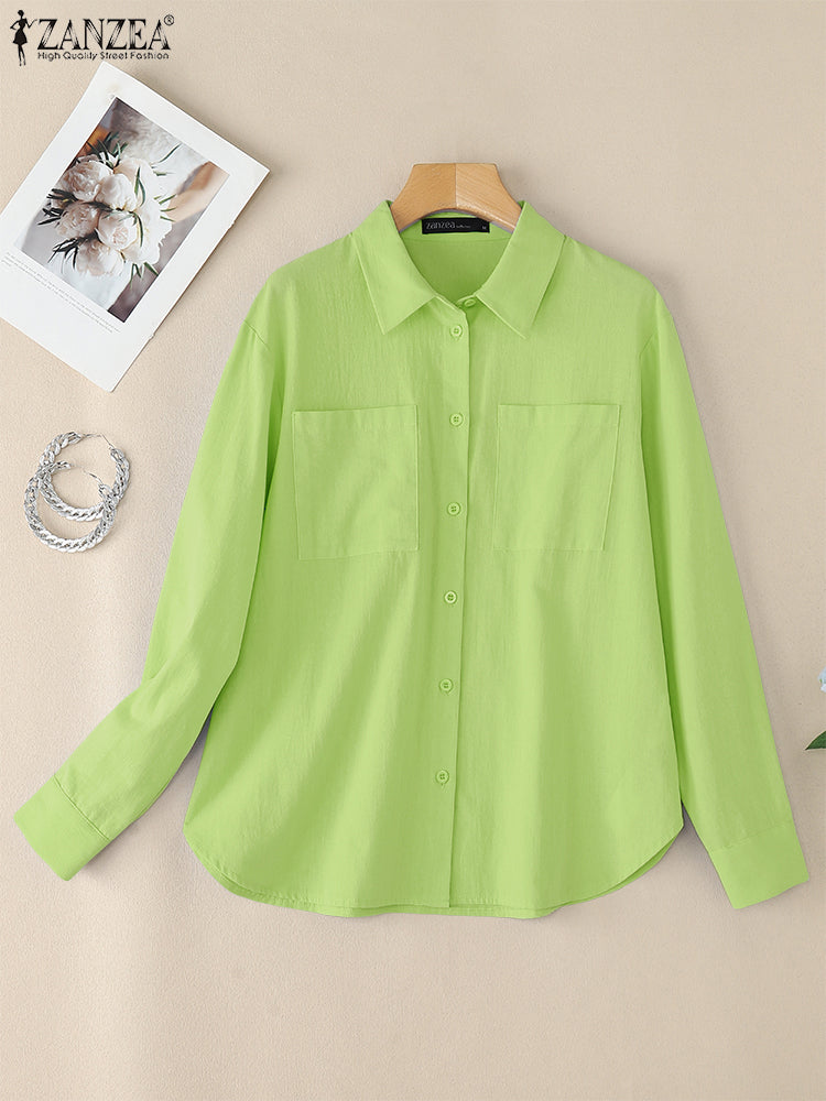ZANZEA Womens Oversized Shirt Casual Long Sleeve Button Up Top Cotton Street Fashion Chemise For Sp 4