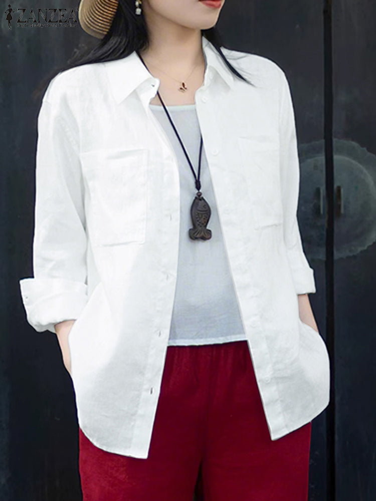 ZANZEA Womens Oversized Shirt Casual Long Sleeve Button Up Top Cotton Street Fashion Chemise For Sp 6