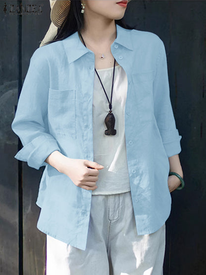 ZANZEA Womens Oversized Shirt Casual Long Sleeve Button Up Top Cotton Street Fashion Chemise For Sp 7