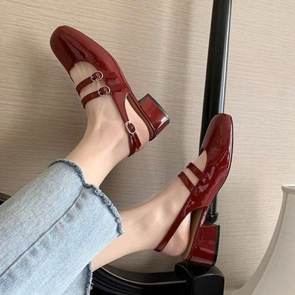 Womens Burgundy Mary Janes, Square-Toe Patent Leather Chunky Heel Double-Buckle Shoes with Vintage Jean Styling