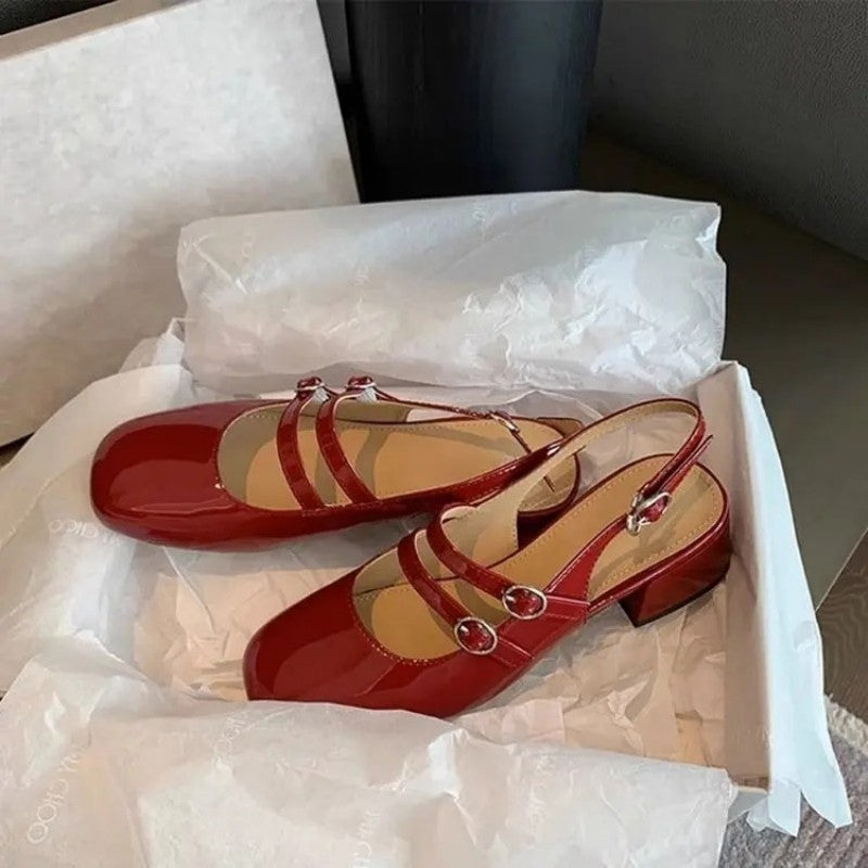 Womens Burgundy Mary Janes, Square-Toe Patent Leather Chunky Heel Double-Buckle Shoes with Vintage Jean Styling