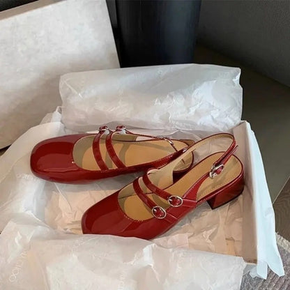 Womens Burgundy Mary Janes, Square-Toe Patent Leather Chunky Heel Double-Buckle Shoes with Vintage Jean Styling