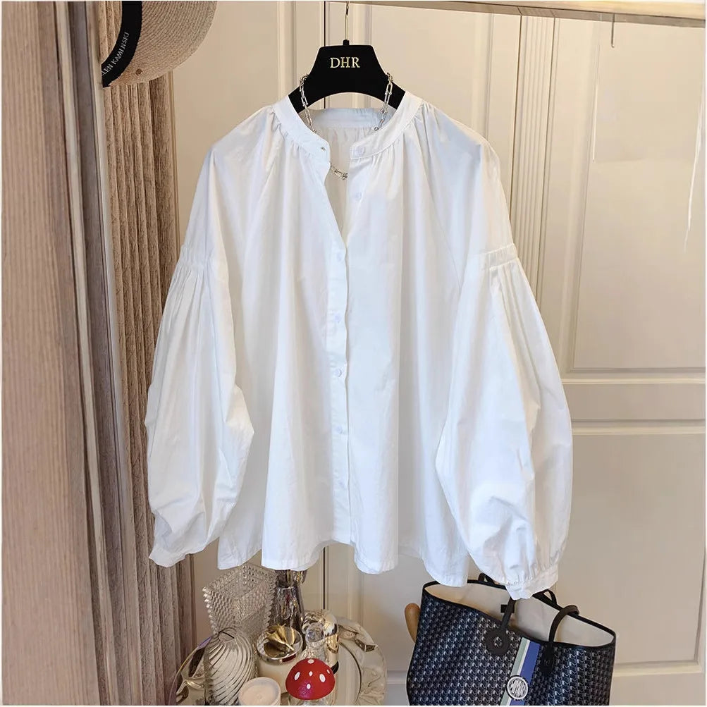 Chic Stand Collar Shirt, Women's Casual Loose Design Button Up Top with Retro Lantern Sleeves