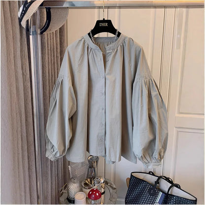Chic Stand Collar Shirt, Women's Casual Loose Design Button Up Top with Retro Lantern Sleeves