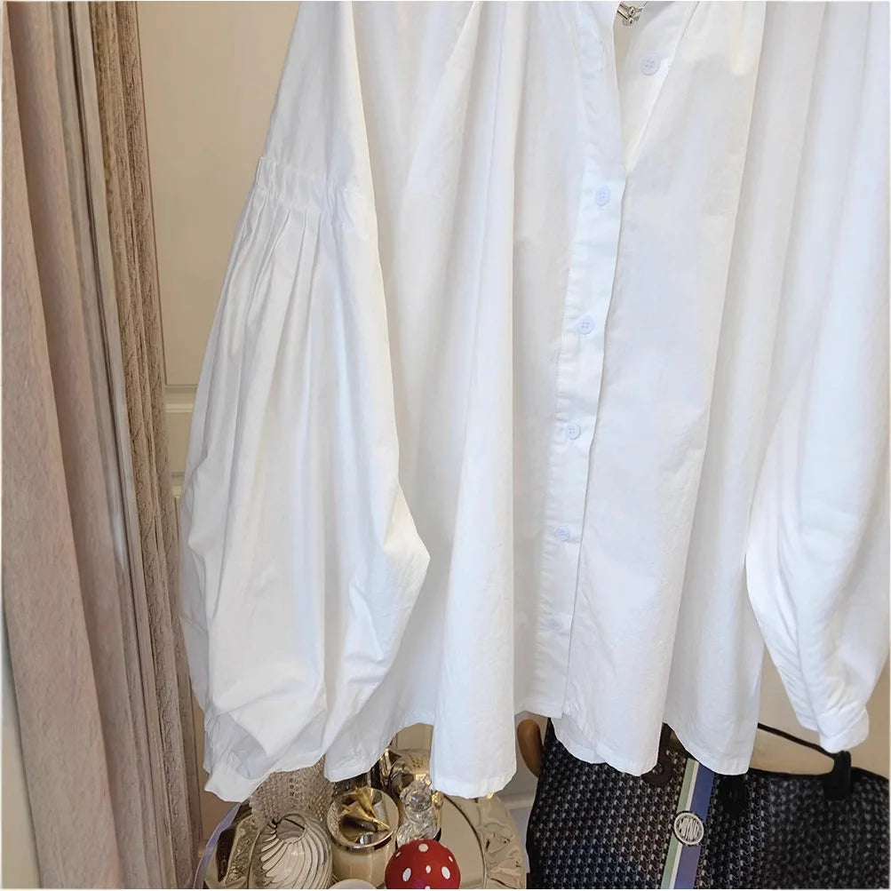 Chic Stand Collar Shirt, Women's Casual Loose Design Button Up Top with Retro Lantern Sleeves
