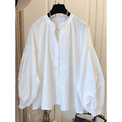 Chic Stand Collar Shirt, Women's Casual Loose Design Button Up Top with Retro Lantern Sleeves