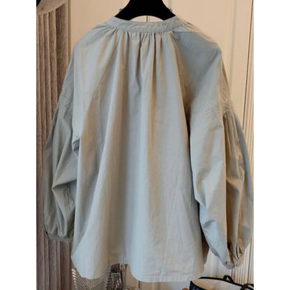 Chic Stand Collar Shirt, Women's Casual Loose Design Button Up Top with Retro Lantern Sleeves