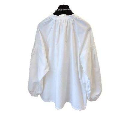 Chic Stand Collar Shirt, Women's Casual Loose Design Button Up Top with Retro Lantern Sleeves
