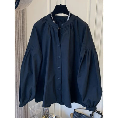 Chic Stand Collar Shirt, Women's Casual Loose Design Button Up Top with Retro Lantern Sleeves