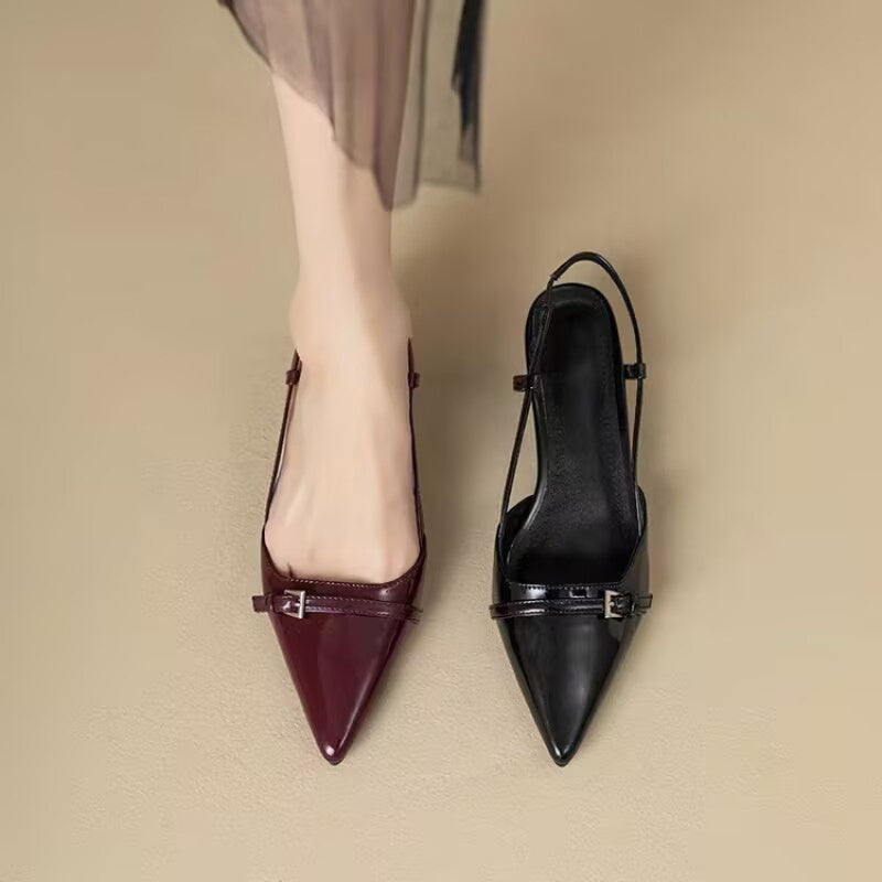 French Pointed Sandals in Burgundy Patent with Crisscross Straps, Metal Decor Slim Heel, and Open-Back Fairy Style