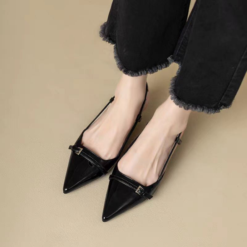 French Pointed Sandals in Burgundy Patent with Crisscross Straps, Metal Decor Slim Heel, and Open-Back Fairy Style