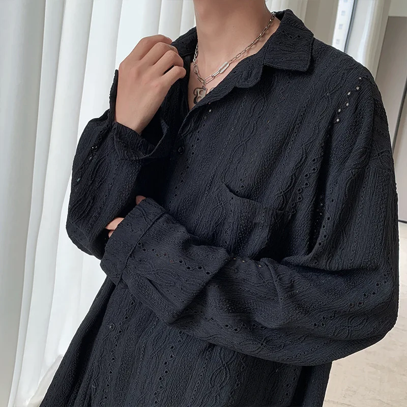 Men's Luxury Niche Shirt, Hollow Design Tweed Jacket, Trendy Loose Fit Long Sleeve Casual Vest