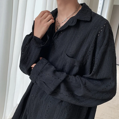 Men's Luxury Niche Shirt, Hollow Design Tweed Jacket, Trendy Loose Fit Long Sleeve Casual Vest