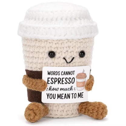 Funny Crochet Coffee Doll – Handmade Emotional Support Cup with Card, Cute Desktop Ornament & Cozy Gift