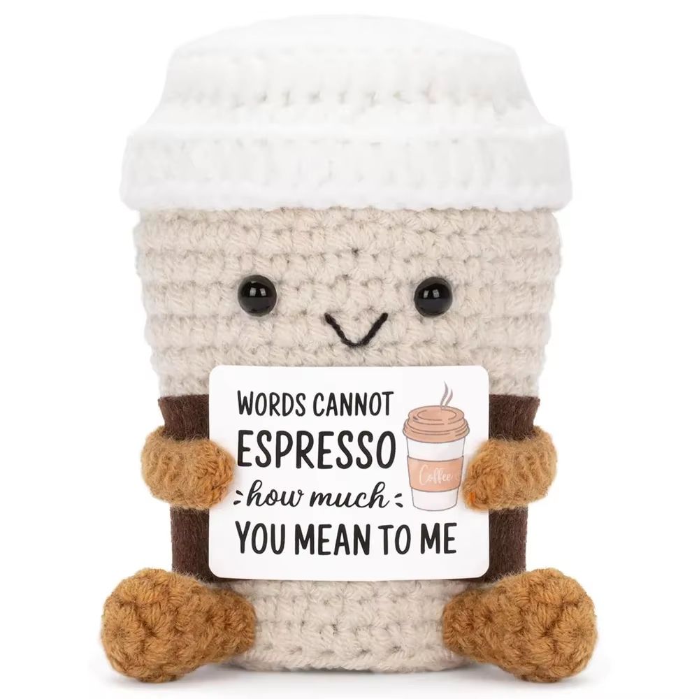 Funny Crochet Coffee Doll  Handmade Emotional Support Cup With Card Cute Desktop Ornament  Cozy Gif 1
