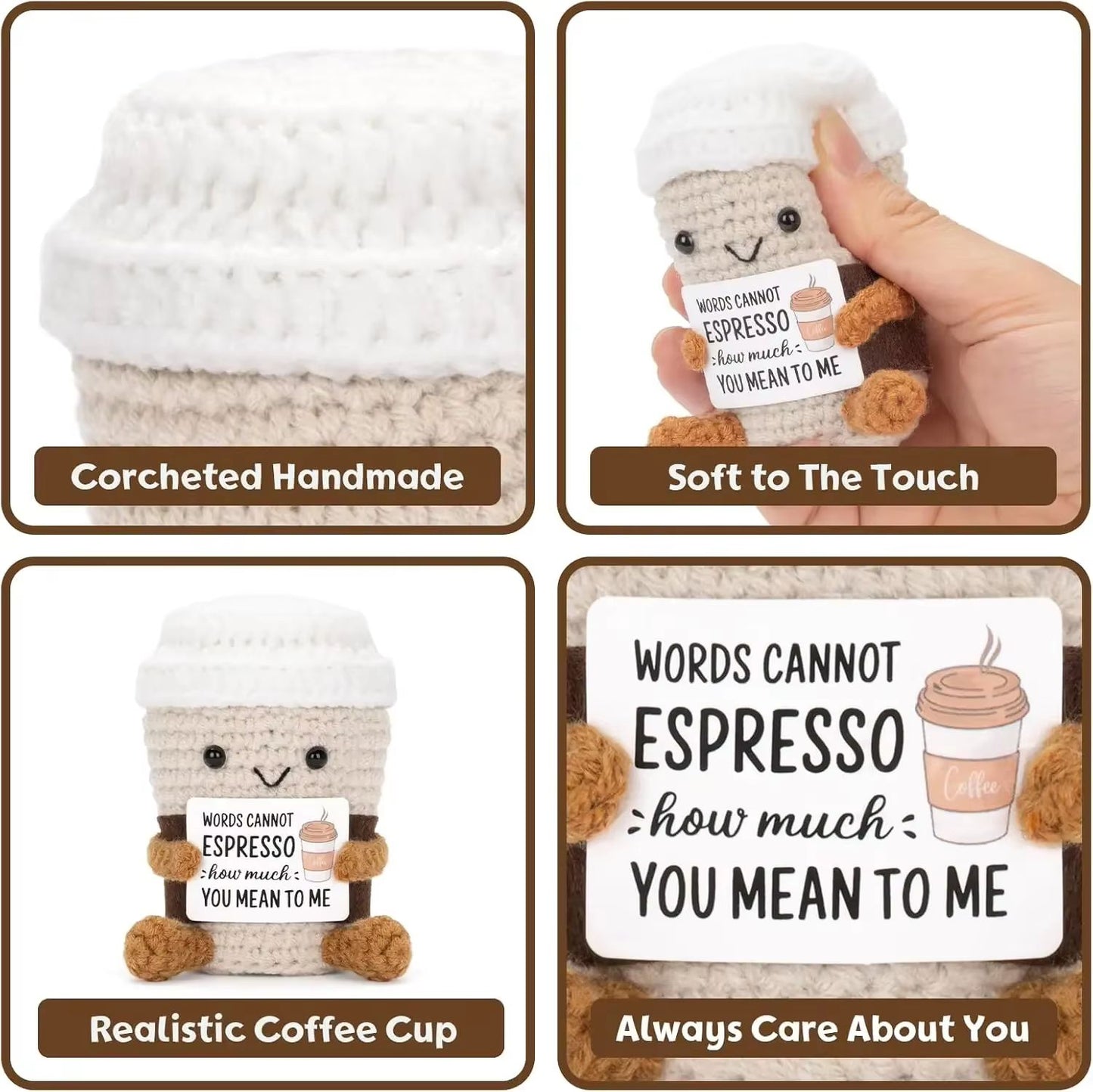 Funny Crochet Coffee Doll  Handmade Emotional Support Cup With Card Cute Desktop Ornament  Cozy Gif 2