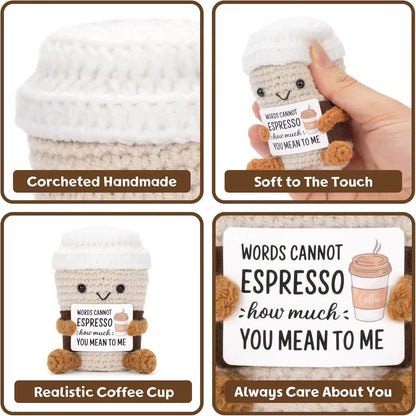 Funny Crochet Coffee Doll  Handmade Emotional Support Cup With Card Cute Desktop Ornament  Cozy Gif 2