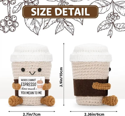 Funny Crochet Coffee Doll  Handmade Emotional Support Cup With Card Cute Desktop Ornament  Cozy Gif 3