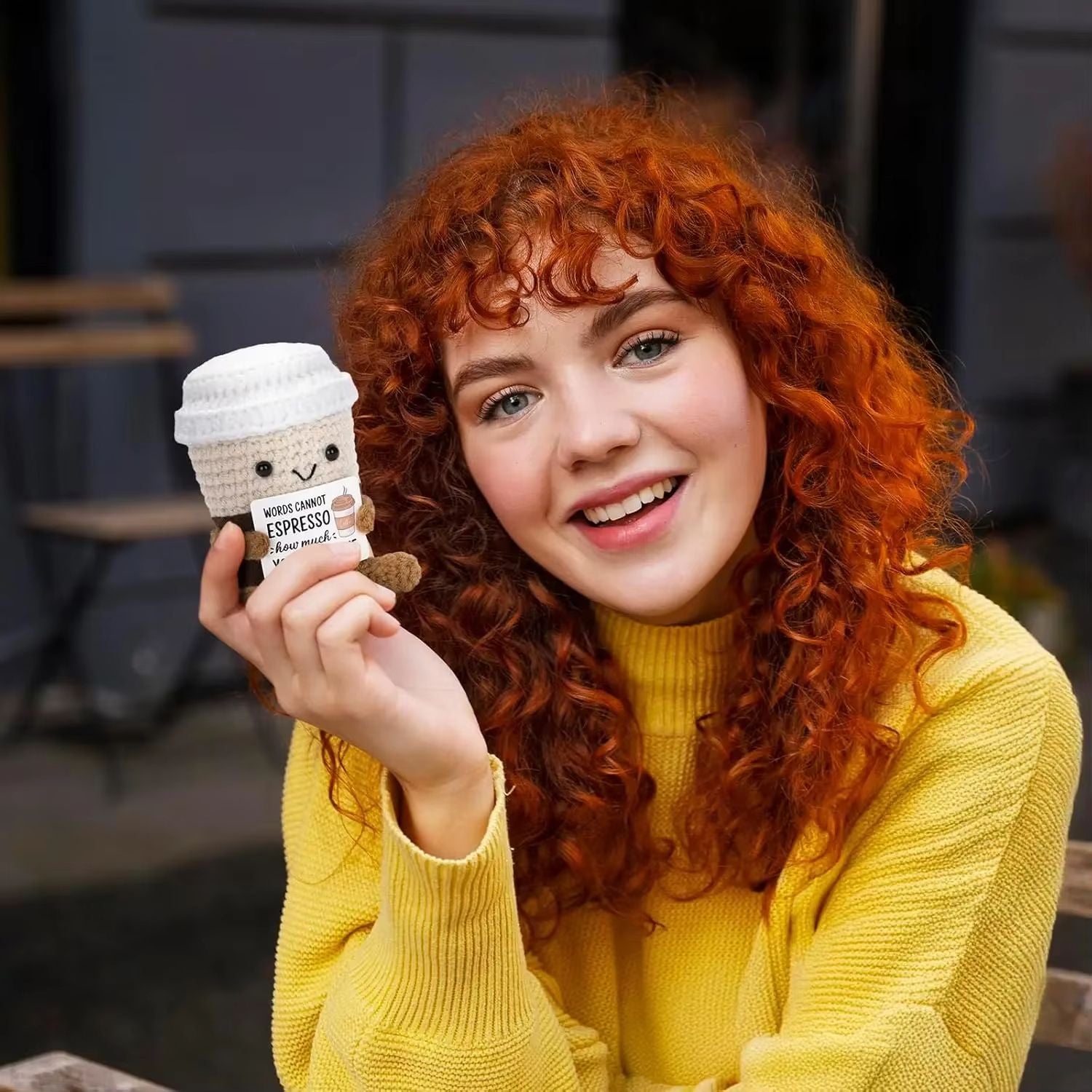 Funny Crochet Coffee Doll  Handmade Emotional Support Cup With Card Cute Desktop Ornament  Cozy Gif 5