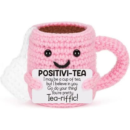 Funny Crochet Coffee Doll  Handmade Emotional Support Cup With Card Cute Desktop Ornament  Cozy Gif 9