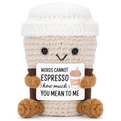 Funny Crochet Coffee Doll  Handmade Emotional Support Cup With Card Cute Desktop Ornament  Cozy Gif 10