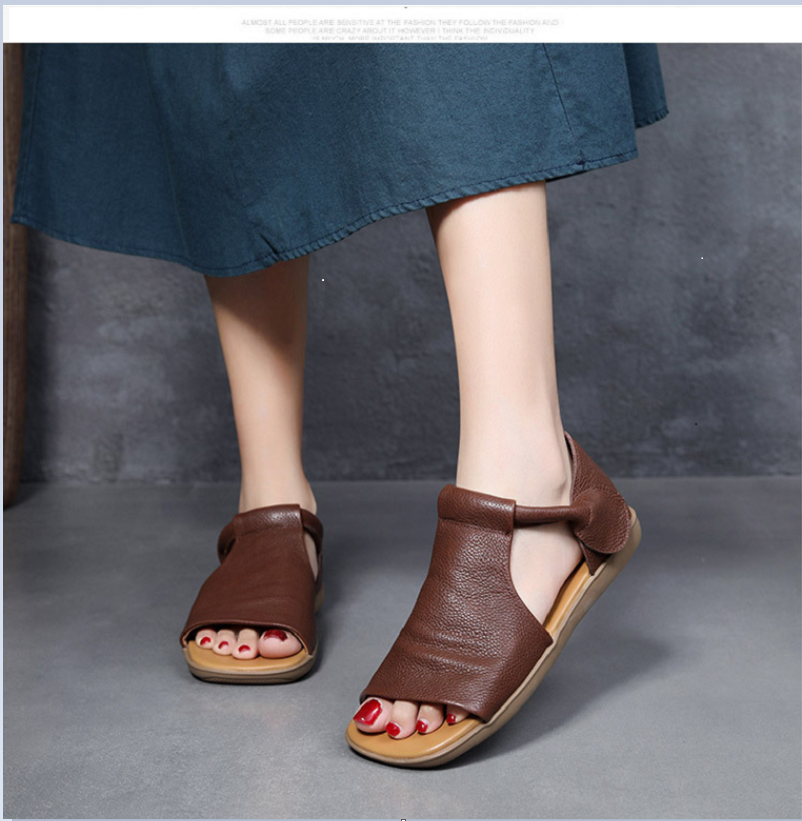 Retro Womens Brown Leather Gladiator Sandals, Open Toe, Soft Sole, Comfortable & Stylish Versatile Footwear