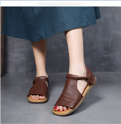 Retro Womens Brown Leather Gladiator Sandals, Open Toe, Soft Sole, Comfortable & Stylish Versatile Footwear