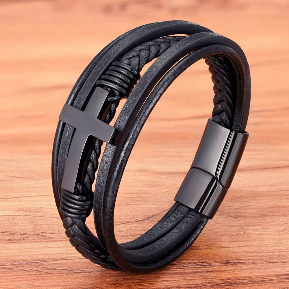 XQNI Luxury Men's Leather Bracelet – Multicolor Cross Design Stainless Steel Adjustable Fashion Accessory