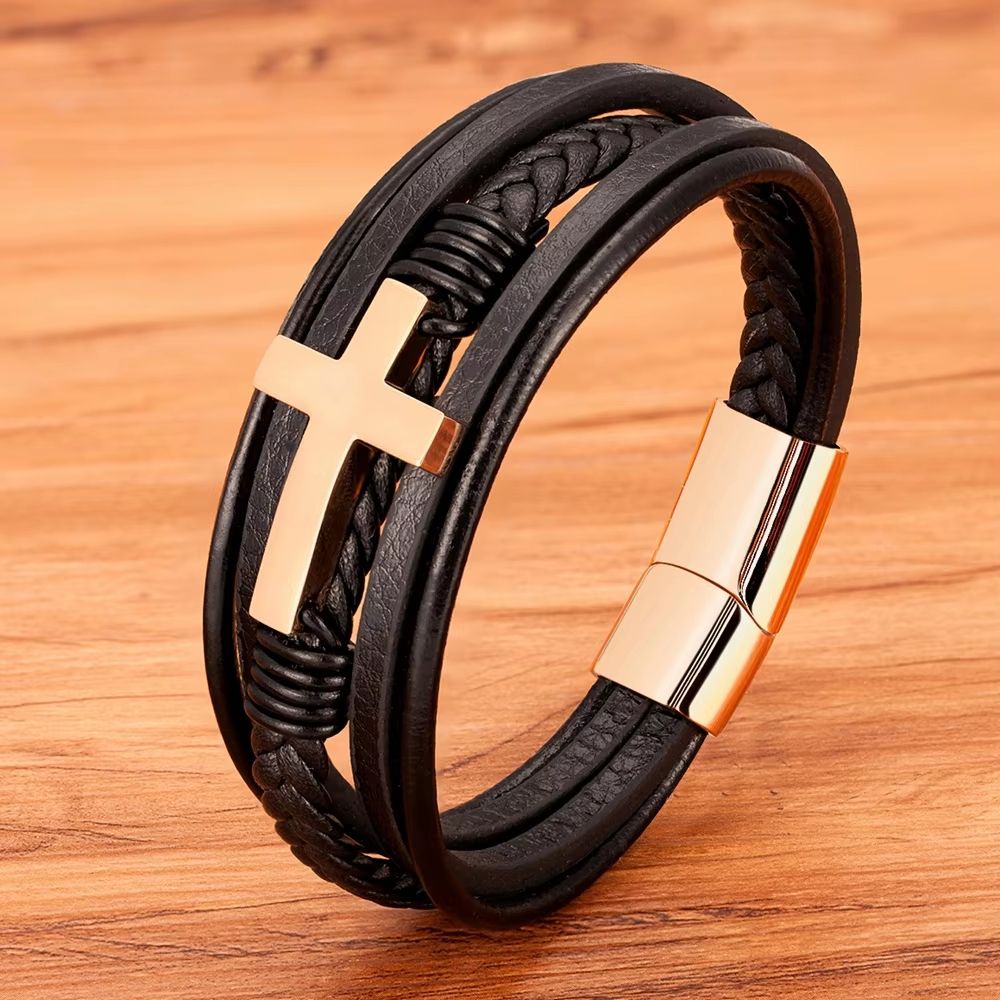 XQNI Luxury Mens Leather Bracelet  Multicolor Cross Design Stainless Steel Adjustable Fashion Acces 9